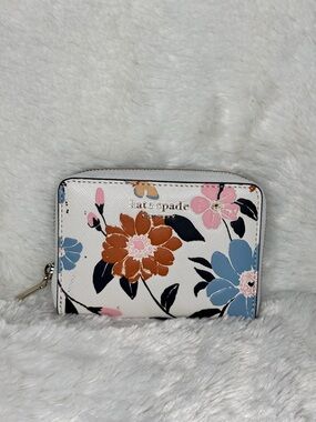 kate spade White Floral Zip-Around Card Wallet with Blue, Pink & Brown Flowers